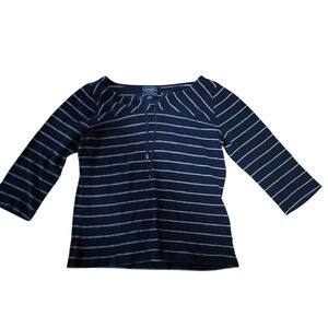 Chaps Classics Navy White Stripe Lace Up‎ Long Sleeve Cotton Top Women's L